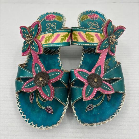 Elite by Corkys Poppy Sandals Womens Size 8 Turquoise Leather Floral Embellished - Picture 3 of 13
